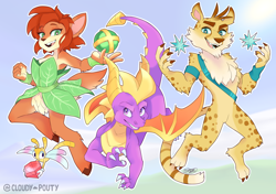 Size: 2700x1900 | Tagged: safe, artist:cloudypouty, elora (spyro), hunter the cheetah (spyro), spyro the dragon (spyro), arthropod, cheetah, dragon, dragonfly, faun, feline, fictional species, insect, mammal, western dragon, anthro, feral, unguligrade anthro, spyro the dragon (series), 2018, blue eyes, brown claws, brown fur, brown tail, chest fluff, claws, clothes, digital art, fangs, female, fluff, fur, gem (spyro), gloves, green eyes, group, hand hold, holding, hooves, male, open mouth, orb (spyro), purple eyes, purple scales, purple tail, sash, scales, sharp teeth, spines, spots, striped tail, stripes, tail, tan fur, teeth, tongue, webbed wings, white claws, wings, yellow fur, yellow scales