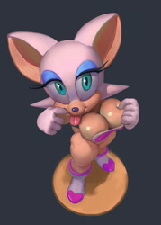 Size: 949x1322 | Tagged: suggestive, artist:gumdrops, rouge the bat (sonic), bat, mammal, anthro, plantigrade anthro, sega, sonic the hedgehog (series), 2020, bedroom eyes, big breasts, boots, bottomless, breasts, cleavage, clothes, eyeshadow, female, gray background, looking at you, looking up, looking up at you, makeup, nudity, partial nudity, shoes, simple background, solo, solo female, tongue, tongue out, topwear
