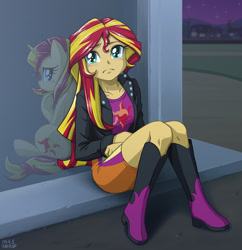Size: 870x900 | Tagged: safe, artist:uotapo, sunset shimmer (mlp), equine, fictional species, human, mammal, pony, unicorn, feral, equestria girls, friendship is magic, hasbro, my little pony, anime, blushing, boots, bottomwear, clothes, crying, cutie mark, eyelashes, female, fur, green eyes, hair, horn, house, jacket, looking back, looking up, mare, multicolored hair, night, portal, red hair, relection, sad, self paradox, shoes, signature, sitting, skirt, solo, solo female, stars, tail, topwear, yellow fur, yellow hair, yellow skin