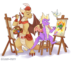 Size: 2100x1800 | Tagged: safe, artist:cloudypouty, gnasty gnorc (spyro), nevin (spyro), sparx (spyro), spyro the dragon (spyro), arthropod, dragon, dragonfly, fictional species, gnorc, insect, western dragon, anthro, feral, spyro the dragon (series), 2018, antennae, belt, brown claws, canvas, claws, clothes, colored sclera, digital art, fire, fire breathing, gem (spyro), hat, horns, male, males only, paint, paintbrush, painting, palette, purple eyes, purple scales, scales, simple background, sitting, soles, spines, stool, tail, tan scales, tan tail, tongue, tongue out, trio, trio male, webbed wings, white background, white claws, wings, yellow scales, yellow sclera