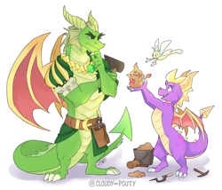 Size: 2100x1800 | Tagged: safe, artist:cloudypouty, nestor (spyro), sparx (spyro), spyro the dragon (spyro), arthropod, dragon, dragonfly, fictional species, insect, western dragon, anthro, feral, spyro the dragon (series), 2018, antennae, belt, blue eyes, claws, clothes, digital art, fangs, gloves, green scales, green tail, horns, jewelry, male, males only, open mouth, pickaxe, purple eyes, purple scales, purple tail, scales, sharp teeth, simple background, spines, tail, teeth, thinking, trio, trio male, webbed wings, white background, white claws, wings, yellow scales