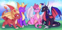 Size: 3300x1600 | Tagged: safe, artist:cloudypouty, cynder the dragon (spyro), ember the dragon (spyro), flame the dragon (spyro), spyro the dragon (spyro), dragon, fictional species, reptile, scaled dragon, western dragon, feral, spyro the dragon (series), the legend of spyro, 2017, alternate design, art trade, black scales, black tail, blue eyes, claws, cloud, colored sclera, digital art, fangs, feathered wings, feathers, female, grass, green eyes, group, hair, horns, male, open mouth, outdoors, pink hair, pink scales, pink tail, purple eyes, purple scales, purple tail, raised leg, red scales, red tail, scales, sharp teeth, sitting, sky, spines, tail, teeth, webbed wings, white claws, wings, yellow scales, yellow sclera