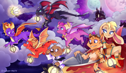 Size: 3100x1800 | Tagged: safe, artist:cloudypouty, bianca (spyro), cynder the dragon (spyro), ember the dragon (spyro), flame the dragon (spyro), hunter the cheetah (spyro), sparx (spyro), spyro the dragon (spyro), the professer (spyro), arthropod, cheetah, dragon, dragonfly, feline, fictional species, insect, lagomorph, mammal, mole, rabbit, western dragon, anthro, feral, spyro the dragon (series), the legend of spyro, 2017, 2d, antennae, black scales, black tail, blue eyes, brown fur, building, chest fluff, claw hold, claws, clothes, cloud, digital art, driving, fangs, female, fluff, flying, fur, glasses, gloves, goggles, green eyes, group, hair, high res, holding, horns, jacket, jewelry, lantern, large group, male, moon, mouth hold, necklace, necktie, night, night sky, open mouth, orange scales, orange tail, outdoors, pink scales, pink tail, purple eyes, purple scales, purple tail, scales, scarf, sharp teeth, short tail, sky, spines, spots, tail, teeth, topwear, vehicle, webbed wings, white claws, wings, yellow fur, yellow hair