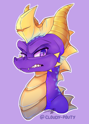 Size: 1500x2100 | Tagged: safe, artist:cloudypouty, spyro the dragon (spyro), dragon, fictional species, reptile, scaled dragon, western dragon, feral, spyro the dragon (series), 2017, bust, digital art, fangs, gritted teeth, horns, male, purple background, purple eyes, purple scales, scales, sharp teeth, simple background, solo, solo male, spines, teeth, yellow scales