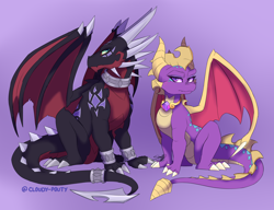 Size: 2600x2000 | Tagged: dead source, safe, artist:cloudypouty, cynder the dragon (spyro), spyro the dragon (spyro), dragon, fictional species, western dragon, feral, spyro the dragon (series), the legend of spyro, 2017, 2d, black scales, black tail, claws, collar, colored sclera, digital art, duo, fangs, female, green eyes, high res, horns, jewelry, male, necklace, purple background, purple eyes, purple scales, purple tail, red scales, rule 63, scales, sharp teeth, simple background, sitting, spines, tail, tail band, teeth, webbed wings, white claws, wings, wristband, yellow sclera