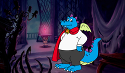 Size: 1244x726 | Tagged: safe, artist:disneymarvel96, edit, beast (beauty and the beast), ord (dragon tales), dragon, fictional species, western dragon, semi-anthro, beauty and the beast, disney, dragon tales, pbs, brooch, cape, clasp, clothes, color edit, crossover, flower, male, rose, solo, solo male, tail, wings