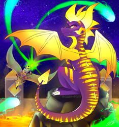 Size: 2200x2350 | Tagged: safe, artist:cloudypouty, ripto (spyro), spyro the dragon (spyro), dragon, fictional species, pterosaur, reptile, western dragon, anthro, feral, spyro the dragon (series), 2018, claws, color porn, digital art, fire, fire breathing, flying, high res, horns, lava, looking at you, looking back, looking back at you, male, males only, open mouth, outdoors, purple scales, purple tail, red eyes, rock, scales, scepter, sharp teeth, sitting, sky, spines, spread wings, tail, teeth, webbed wings, white claws, wings, yellow scales
