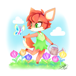 Size: 2400x2400 | Tagged: safe, artist:cloudypouty, part of a set, elora (spyro), arthropod, butterfly, faun, fictional species, insect, mammal, anthro, unguligrade anthro, animal crossing, nintendo, spyro the dragon (series), 2020, 2d, ambient insect, ambient wildlife, brown body, brown fur, brown tail, clothes, cloud, color porn, crossover, cute, digital art, dress, female, flower, fur, grass, green eyes, hair, high res, holding, hoof hold, hooves, outdoors, red hair, sky, tail, watering can