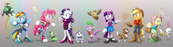 Size: 2733x738 | Tagged: safe, artist:blazetbw, angel bunny (mlp), applejack (mlp), fluttershy (mlp), gummy (mlp), owlowiscious (mlp), rainbow dash (mlp), rarity (mlp), spike (mlp), tank (mlp), twilight sparkle (mlp), winona (mlp), badnik, bird, bird of prey, border collie, canine, chao, collie, dog, dragon, earth pony, equine, fictional species, half-fish (sonic), mammal, owl, pegasus, pony, reptile, robot, turtloid (sonic), unicorn, western dragon, wingless dragon, anthro, feral, semi-anthro, friendship is magic, hasbro, my little pony, sega, sonic the hedgehog (series), 2014, abstract background, anthrofied, belt, blonde hair, blonde tail, blue eyes, boots, bottomwear, claws, clothes, crossover, cutie mark, dress, eyeshadow, fangs, feathered wings, feathers, female, food, gloves, green eyes, group, hair, halo, hand on hip, horn, jewelry, large group, magenta eyes, makeup, male, necklace, non-sapient, open mouth, orange, pink hair, pink tail, purple eyes, purple hair, purple scales, purple tail, rainbow hair, rainbow tail, raised leg, scales, sharp teeth, shirt, shoes, skirt, sneakers, socks, sonicified, spines, style emulation, tail, teal eyes, teeth, tongue, tongue out, topwear, undershirt, vest, wall of tags, wings, wristband