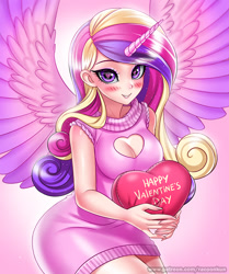 Size: 700x836 | Tagged: safe, artist:racoonkun, artist:racoonsan, princess cadence (mlp), alicorn, animal humanoid, equine, fictional species, mammal, pony, humanoid, friendship is magic, hasbro, my little pony, big wings, blushing, breasts, cleavage, clothes, cute, english text, eyelashes, eyeshadow, feathered wings, feathers, female, gradient background, grin, hair, heart, heart eyes, holiday, horn, horned humanization, horned humanoid, humanoidized, looking at you, makeup, mature, mature female, multicolored hair, pillow, pink feathers, pink hair, purple eyes, purple hair, smiling, solo, solo female, spread wings, teeth, text, valentine's day, wide hips, wingding eyes, winged humanoid, wings, yellow hair