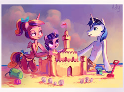 Size: 3438x2539 | Tagged: safe, artist:holivi, princess cadence (mlp), shining armor (mlp), twilight sparkle (mlp), alicorn, equine, fictional species, mammal, pony, unicorn, anthro, unguligrade anthro, friendship is magic, hasbro, my little pony, 2012, 2d, anthrofied, beach, bikini, bottomwear, bow, clothes, cute, feathered wings, feathers, female, filly, foal, glasses, glowing, glowing horn, group, hair bow, high res, hooves, horn, male, mare, pants, sand, sand castle, shovel, signature, sitting, smiling, stallion, swimsuit, tail, topless, trio, underwear, wings, young