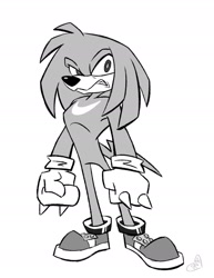 Size: 1280x1655 | Tagged: safe, artist:b-regaldo-draws, part of a set, knuckles the echidna (sonic), echidna, mammal, monotreme, anthro, plantigrade anthro, sega, sonic the hedgehog (series), 2019, looking at you, male, monochrome, quills, red tail, signature, simple background, solo, solo male, tail, white background