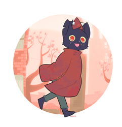 Size: 1236x1280 | Tagged: safe, artist:niconuki, mae borowski (nitw), cat, feline, mammal, anthro, plantigrade anthro, night in the woods, 2018, clothes, cute, cute little fangs, fangs, female, hat, looking at you, red eyes, shirt, simple background, solo, solo female, sword, teeth, topwear, tree, walking, weapon, white background