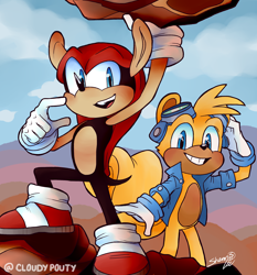 Size: 2050x2200 | Tagged: dead source, safe, artist:cloudypouty, mighty the armadillo (sonic), ray the flying squirrel (sonic), armadillo, flying squirrel, mammal, squirrel, anthro, archie sonic the hedgehog, sega, sonic the hedgehog (series), 2017, black body, black tail, blue eyes, clothes, cloud, digital art, duo, duo male, fangs, fur, gloves, goggles, hand hold, head fluff, high res, holding, jacket, male, males only, open mouth, outdoors, patagium, rock, sharp teeth, shell, shoes, short tail, sky, sneakers, tail, teeth, topwear, yellow fur