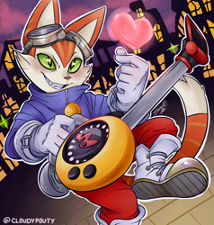 Size: 1900x2000 | Tagged: safe, artist:cloudypoutymsafe, blinx the cat (blinx), cat, feline, mammal, anthro, blinx the time sweeper, 2017, bottomwear, clothes, digital art, fangs, fur, gloves, green eyes, grin, hand hold, heart, holding, jacket, male, night, night sky, orange fur, outdoors, pants, sharp teeth, shoes, sky, slit pupils, solo, solo male, stripes, tail, tan fur, teeth, topwear, vacuum