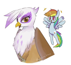 Size: 891x814 | Tagged: safe, artist:hosikawa, artist:hosikawa_choco, gilda (mlp), rainbow dash (mlp), bird, equine, feline, fictional species, gryphon, mammal, pegasus, pony, feral, friendship is magic, hasbro, my little pony, bipedal, bust, colored pupils, cute, duo, duo female, feathered wings, feathers, female, folded wings, mare, open mouth, simple background, spread wings, tail, white background, wings