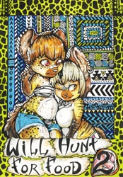 Size: 1134x1630 | Tagged: safe, artist:blue_formalin, oc, oc only, hyena, mammal, anthro, comic:will hunt for food 2, 2018, abstract background, bandage, bandaid, bottomwear, clothes, comic, cover art, duo, ear piercing, earring, female, one eye closed, piercing, shorts, smiling, winking