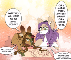 Size: 2420x2053 | Tagged: safe, artist:pony straponi, oc, oc only, oc:sweety milk, oc:way right, cervid, deer, equine, fictional species, kirin, mammal, pony, feral, friendship is magic, hasbro, my little pony, artist, brown body, brown fur, brown hair, cloven hooves, comics, dialogue, drawing, duo, ears, english text, female, fur, hair, high res, hooves, ponified, porn, purple hair, speech bubble, talking, text