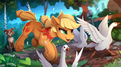 Size: 2300x1270 | Tagged: safe, artist:yakovlev-vad, applejack (mlp), winona (mlp), bird, border collie, canine, collie, dog, earth pony, equine, fictional species, goose, mammal, pony, waterfowl, feral, lifelike feral, friendship is magic, hasbro, my little pony, 2020, ambiguous gender, bird feet, black eyes, blonde hair, brown fur, bush, chasing, chest fluff, clothes, collar, cutie mark, digital art, dirt, dot eyes, ear fluff, eyelashes, feather, feathered wings, feathers, female, fence, floppy ears, flower, fluff, fur, grass, green eyes, group, hair, hooves, leaf, legs in air, mane, mare, non-sapient, open mouth, orange fur, outdoors, paws, pet tag, realistic, running, scarf, spread wings, tail, tail feathers, tan fur, tree, white feathers, wings