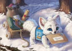 Size: 650x460 | Tagged: safe, artist:silverfox5213, arctic fox, canine, fox, mammal, feral, 2020, ambiguous gender, bag, blue eyes, cart, carton, cheek fluff, chibi, claws, colored pupils, digital art, ear fluff, envelope, fluff, head fluff, holding, leg fluff, looking at you, mail, mouth hold, outdoors, paw prints, paws, rope, snow, solo, solo ambiguous, standing, tail, tail fluff, tree, whiskers, winter