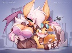 Size: 1600x1186 | Tagged: suggestive, artist:jesonite, miles "tails" prower (sonic), rouge the bat (sonic), bat, canine, fox, mammal, red fox, anthro, sega, sonic boom (series), sonic the hedgehog (series), 2019, bat wings, blushing, breasts, clothes, dipstick tail, duo, duo male and female, female, fluff, gloves, goggles, hair, hand on hip, huge breasts, male, multiple tails, orange tail, tail, tail fluff, two tails, webbed wings, white hair, white tail, wings