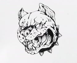 Size: 2514x2058 | Tagged: safe, artist:blue_formalin, oc, oc only, canine, dog, mammal, pit bull, feral, lifelike feral, 2018, ambiguous gender, bust, collar, high res, line art, monochrome, non-sapient, open mouth, realistic, solo, solo ambiguous, spiked collar