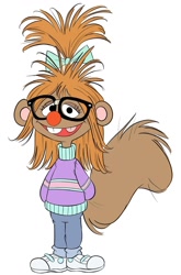 Size: 846x1280 | Tagged: safe, artist:the lone rodent, oc, oc only, oc:rosita random, mammal, rodent, squirrel, anthro, plantigrade anthro, pbs, sesame street, bow, character sheet, cute, female, glasses, hair bow, muppet, ocbetes, simple background, solo, solo female, white background