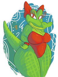 Size: 900x1200 | Tagged: safe, artist:assley, cro funky (tfff), crocodilian, reptile, anthro, the first funky fighter, big breasts, bow, breasts, cleavage, clothes, eyelashes, female, hand on hip, looking at you, signature, solo, solo female, tail, thick thighs, thighs, wide hips, wristband