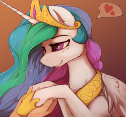 Size: 1280x1195 | Tagged: safe, artist:blackfury, princess celestia (mlp), alicorn, equine, fictional species, human, mammal, pony, feral, friendship is magic, hasbro, my little pony, bust, cheek fluff, duo, ear fluff, female, fluff, hair, heart, holding, holding hands, horn, multicolored hair, offscreen character, portrait, smiling, solo focus, sparkly hair, sparkly mane, tiara, wings