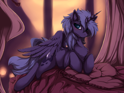Size: 1280x960 | Tagged: safe, artist:blackfury, princess luna (mlp), alicorn, equine, fictional species, mammal, pony, feral, friendship is magic, hasbro, my little pony, bed, blanket, blushing, cutie mark, feathered wings, feathers, female, hair, lying down, mare, pillow, prone, solo, solo female, tail, wings
