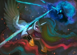 Size: 1280x914 | Tagged: safe, artist:isfirst, nightmare moon (mlp), princess celestia (mlp), alicorn, equine, fictional species, mammal, pony, feral, friendship is magic, hasbro, my little pony, armor, duo, feathered wings, feathers, female, fighting, helmet, magic, spread wings, wings