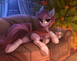 Size: 1200x946 | Tagged: safe, artist:tomatocoup, artist:yakovlev-vad, bat pony, equine, fictional species, mammal, pony, feral, friendship is magic, hasbro, my little pony, 2017, blanket, christmas, christmas lights, christmas tree, clothes, coffee, conifer tree, cottagecore, couch, cute, digital art, drink, female, holiday, legwear, lights, looking at you, ornaments, sharp teeth, solo, solo female, stockings, teeth, tree