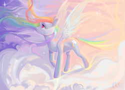 Size: 1279x926 | Tagged: safe, artist:utauyan, rainbow dash (mlp), equine, fictional species, mammal, pegasus, pony, feral, friendship is magic, hasbro, my little pony, cloud, female, on a cloud, solo, solo female, spread wings, wings