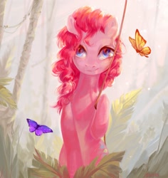 Size: 1207x1280 | Tagged: safe, artist:utauyan, pinkie pie (mlp), arthropod, butterfly, equine, insect, mammal, pony, feral, friendship is magic, hasbro, my little pony, female, forest, group, rope, solo focus, trio