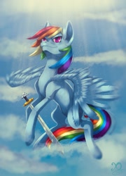 Size: 923x1280 | Tagged: safe, artist:xaneas, rainbow dash (mlp), equine, fictional species, mammal, pegasus, pony, feral, friendship is magic, hasbro, my little pony, female, grin, solo, solo female, spread wings, sword, weapon, wings