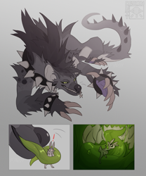 Size: 1059x1271 | Tagged: suggestive, artist:foureyedfinch, fictional species, hyena, kaiju, lagomorph, mammal, rabbit, feral, carnivore, colored flesh, comic, food chain, macro, mawplay, oral vore, predator, prey, saliva, size difference, the circle of life, tongue, vore
