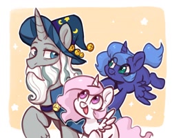 Size: 1280x1024 | Tagged: safe, artist:oofycolorful, princess celestia (mlp), princess luna (mlp), starswirl the bearded (mlp), alicorn, equine, fictional species, mammal, pony, unicorn, feral, friendship is magic, hasbro, my little pony, 2020, 2d, beard, clothes, feathered wings, feathers, female, filly, flying, foal, group, happy, hat, horn, male, mare, open mouth, smiling, stallion, tail, teacher, trio, ungulate, wings, wizard hat, young