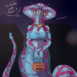 Size: 1200x1200 | Tagged: safe, artist:plague of gripes, fictional species, reptile, snake, viper (x-com), anthro, naga, cc by-nc, creative commons, x-com, blushing, breasts, cleavage, clothes, confused, female, green eyes, halloween, holiday, jewelry, looking at you, night, outdoors, pumpkin bucket, solo, solo female, speech bubble, tail, trick or treat