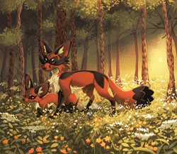Size: 1200x1040 | Tagged: safe, artist:kathryninks, fictional species, mammal, nickit, thievul, feral, nintendo, pokémon, 2020, 2d, ambiguous gender, cheek fluff, chest fluff, duo, ear fluff, featured image, flower, fluff, forest, grass, happy, looking back, meadow, orange eyes, outdoors, paws, scenery, scenery porn, side view, signature, smiling, standing, sunbeam, tail, tail fluff, tree, walking, whiskers
