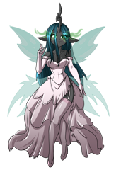 Size: 3419x5000 | Tagged: safe, artist:danmakuman, queen chrysalis (mlp), arthropod, changeling, equine, fictional species, anthro, friendship is magic, hasbro, my little pony, absurd resolution, anthrofied, breasts, clothes, dress, evening gloves, female, gloves, glowing, glowing eyes, high heels, legwear, long gloves, looking at you, shoes, solo, solo female, thigh highs, wedding dress