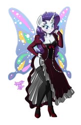 Size: 1980x3030 | Tagged: safe, artist:danmakuman, rarity (mlp), equine, fictional species, mammal, pony, unicorn, anthro, friendship is magic, hasbro, my little pony, anthrofied, bottomwear, breasts, butterfly wings, clothes, dress, female, fishnet, fishnet stockings, legwear, see-through, skirt, skirt lift, solo, solo female, stockings, victorian