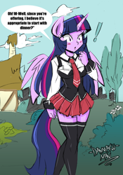 Size: 1820x2601 | Tagged: safe, artist:danmakuman, twilight sparkle (mlp), alicorn, equine, fictional species, mammal, pony, anthro, unguligrade anthro, friendship is magic, hasbro, my little pony, anthrofied, blushing, breasts, clothes, dialogue, english text, feathered wings, feathers, female, hooves, horn, legwear, school uniform, signature, solo, solo female, talking, thigh highs, wings
