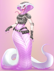 Size: 1459x1923 | Tagged: safe, artist:friskalpox, torque (x-com), fictional species, reptile, snake, viper (x-com), anthro, naga, x-com, armor, female, gradient background, green eyes, open mouth, pink body, solo, solo female, tail, tongue, tongue out, white body