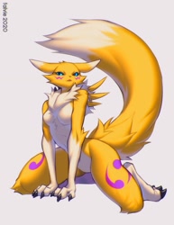 Size: 893x1155 | Tagged: suggestive, artist:falvie, fictional species, renamon, anthro, digimon, 2020, big tail, black sclera, blue eyes, breasts, cheek fluff, chest fluff, claws, colored sclera, digital art, featureless breasts, featureless crotch, female, fluff, fur, head fluff, multicolored fur, open mouth, shoulder fluff, simple background, solo, solo female, tail, tail fluff, two toned body, two toned fur, white background, white body, white fur, yellow fur