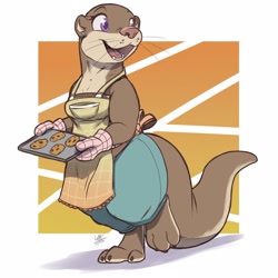 Size: 1250x1250 | Tagged: safe, artist:louart, mammal, mustelid, otter, semi-anthro, 2d, apron, bipedal, border, brown body, brown fur, clothes, cookie, cute, ear piercing, female, food, fur, open mouth, oven gloves, piercing, purple eyes, smiling, solo, solo female, walking, white border