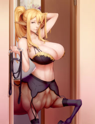 Size: 1456x1901 | Tagged: suggestive, artist:materclaws, centorea shianus (monster musume), animal humanoid, centaur, equine, fictional species, mammal, humanoid, taur, monster musume, bra, breasts, clothes, female, hand behind head, harness, huge breasts, lingerie, looking at you, seductive, solo, solo female, tack, underwear