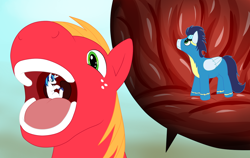 Size: 1024x647 | Tagged: suggestive, artist:lycovore, big macintosh (mlp), shining armor (mlp), soarin' (mlp), earth pony, equine, fictional species, mammal, pegasus, pony, unicorn, feral, friendship is magic, hasbro, my little pony, bust, inside mouth, inside stomach, internal view, macro, male, males only, maw, mawplay, mawshot, micro, open mouth, oral vore, size difference, stallion, stomach, uvula, uvula hanging, uvula hugging, vore