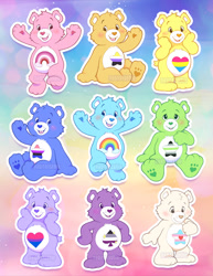 Size: 722x935 | Tagged: safe, artist:neonslushie, bear, fictional species, mammal, semi-anthro, care bears, 2018, abstract background, agender, agender pride flag, ambiguous gender, asexual pride flag, bisexual pride flag, blue fur, blushing, care bear, color porn, cute, female, flag, fur, gay pride flag, genderfluid, genderfluid pride flag, green fur, group, large group, lesbian pride flag, lgbt, nonbinary, nonbinary pride flag, obtrusive watermark, orange fur, pansexual pride flag, paw pads, paws, pink fur, pride, pride flag, purple fur, smiling, transgender, transgender pride flag, watermark, white fur, white outline, yellow fur