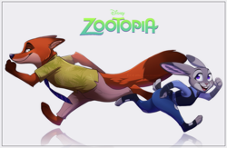 Size: 1071x700 | Tagged: safe, artist:feyscat, judy hopps (zootopia), nick wilde (zootopia), canine, fox, lagomorph, mammal, rabbit, red fox, anthro, disney, zootopia, 2016, clothes, duo, ear fluff, female, fluff, logo, long ears, looking back, male, necktie, paws, police uniform, reflection, running, side view, simple background, white background