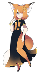 Size: 3452x6179 | Tagged: safe, artist:haelwenn, official art, oc, oc only, oc:pleroma tan, canine, fox, mammal, humanoid, semi-anthro, absurd resolution, black outline, blue eyes, blushing, bracelet, clothes, double outline, dress, ear fluff, ears, female, fluff, fur, hair, hands, jewelry, logo, looking at you, mascot, one eye closed, orange fur, orange hair, outline, pleroma, shoes, simple background, smiling, smiling at you, solo, solo female, tail, thighs, transparent background, white outline